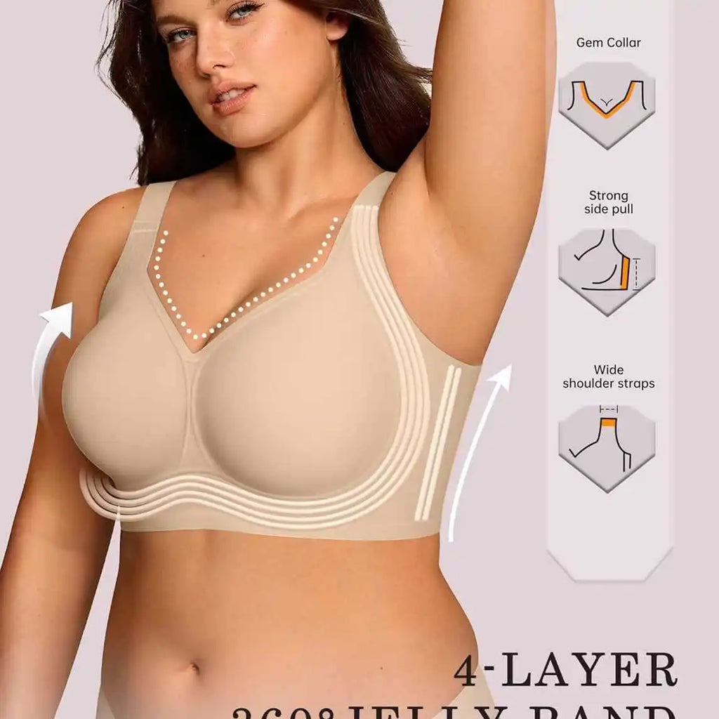 OEAK Wireless Jelly Bra plus Size Seamless Supportive Nylon Fabric Full Cup Fixed Strap Back Closure Gathered Shaping Bra